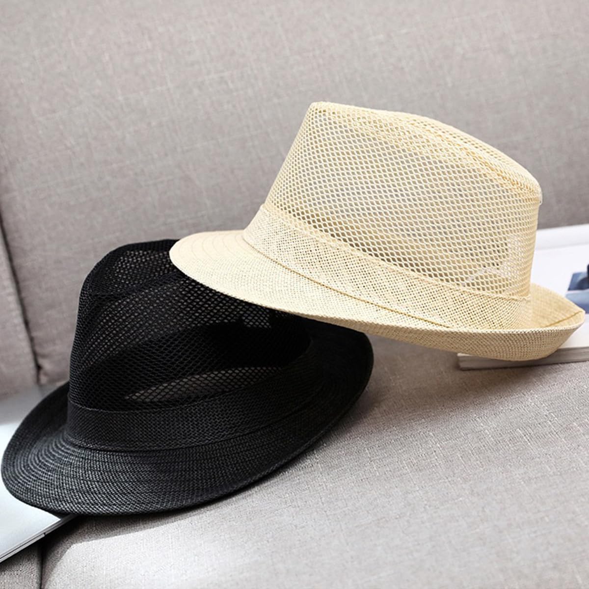 Summer Straw Sun Hat for Men Women, Breathable Mesh Panama Travel Fedora Beach Cap