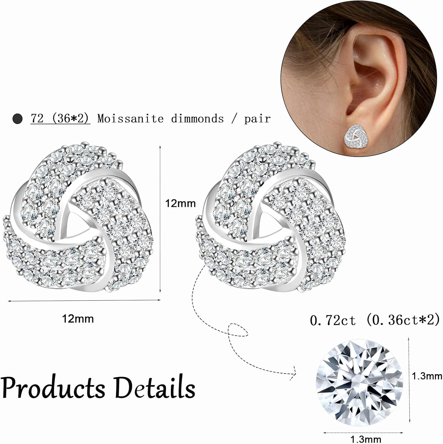 Moissanite Knot Earrings - 925 Sterling Silver 0.72CT 1.3mm D-Color VVS1 Clarity Wedding Moissanite Love Knot Earrings Jewelry Gifts for Women Wedding - Image 5