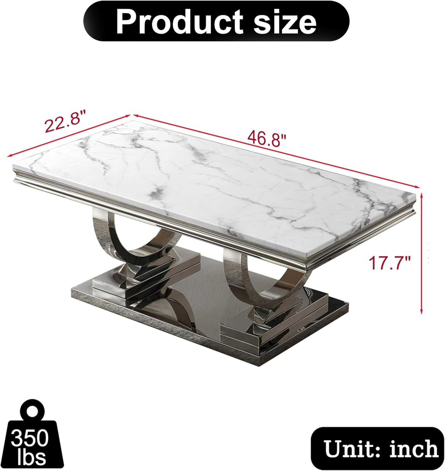 Goujxcy 47"" Rectangular Marble Coffee Table Luxury White Faux Marble Center Table with Silver Double-O Stainless Steel Pedestal Elegant Cocktail Table Sofa Table for Living Room Office