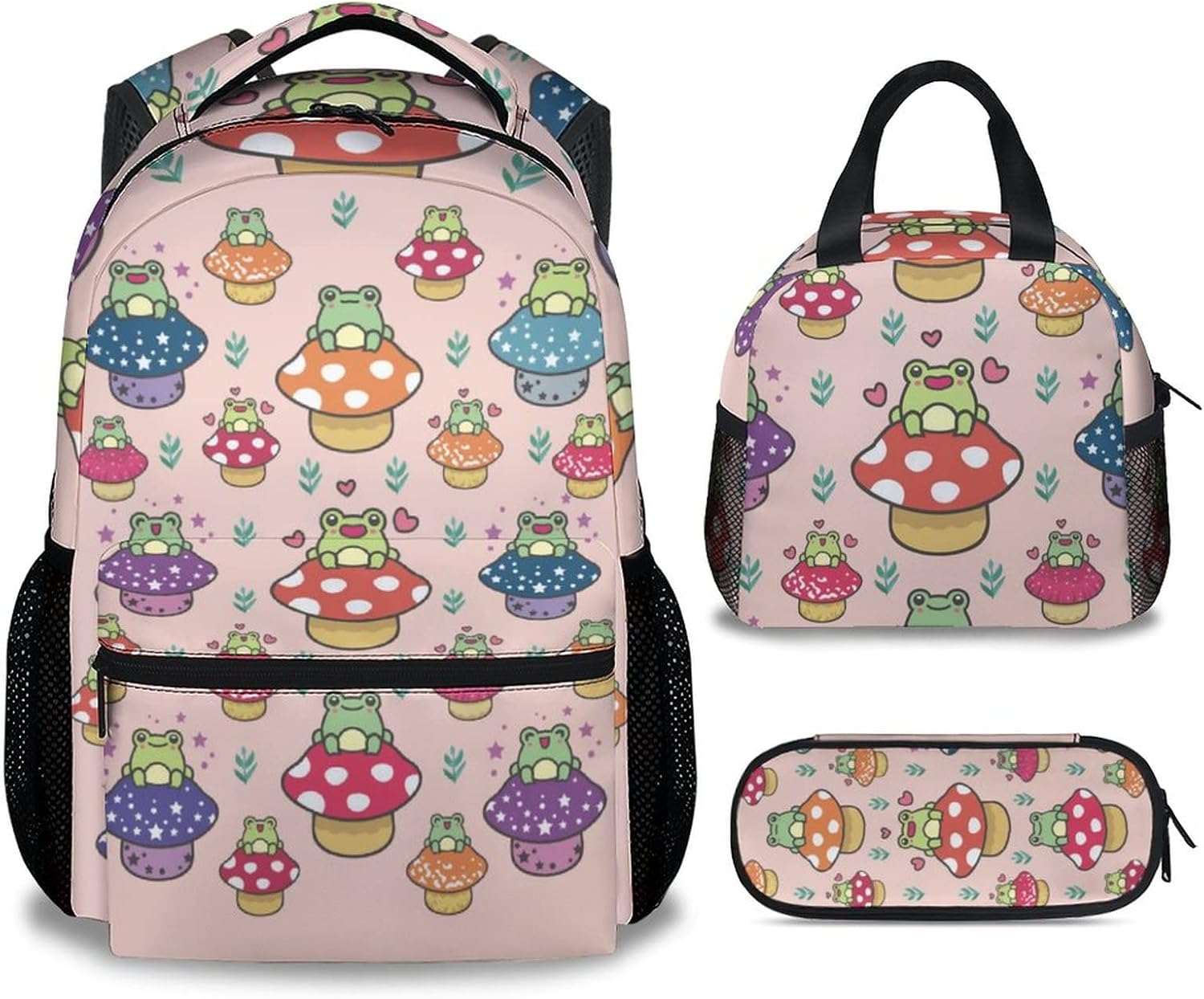 Bookbag Bundles with Lunch Box and Pencil Case Set, Frog Backpack for Girls, Pink Schoolbag Combo for Kids, Cute Backpacks and Pencil Pouch Lunch Bag for Elemrntary