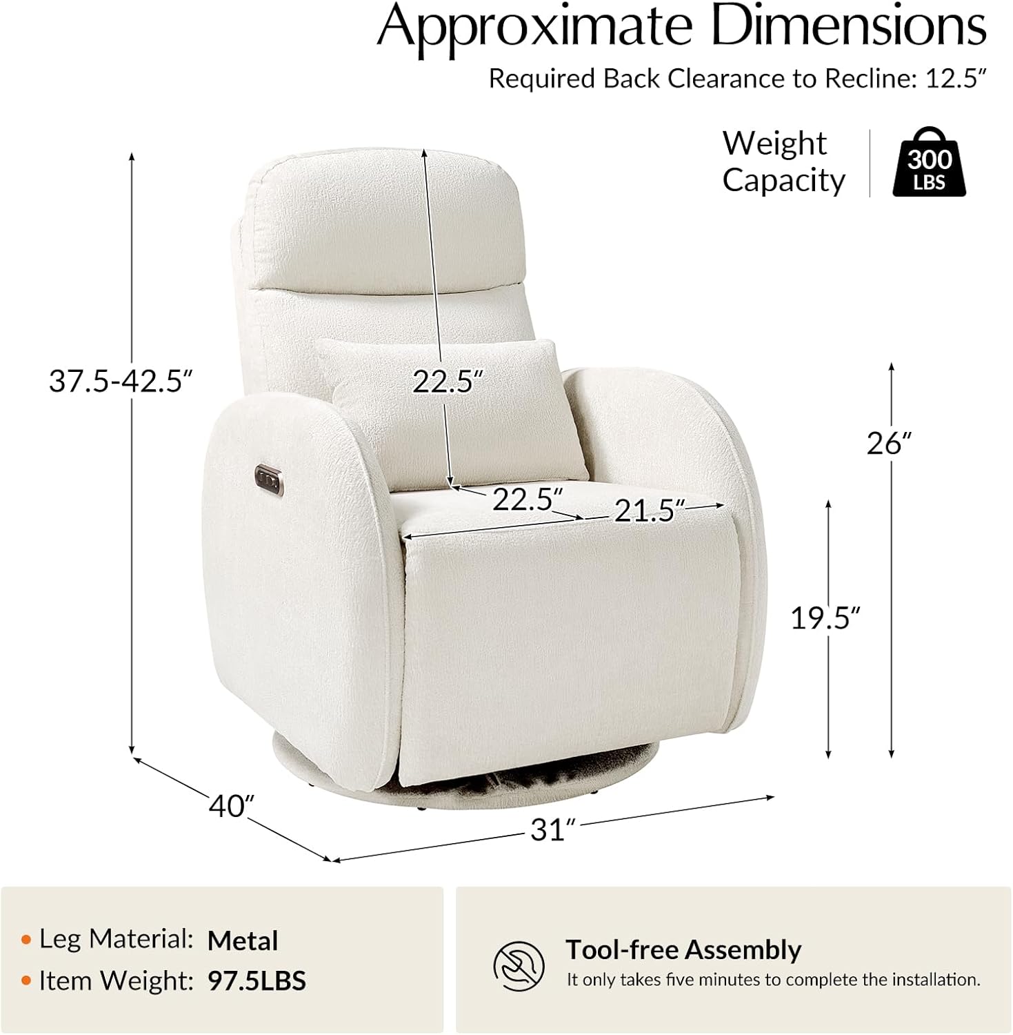 Diagram showing the approximate dimensions of the HULALA HOME RCAL1374 recliner and indicating tool-free assembly.