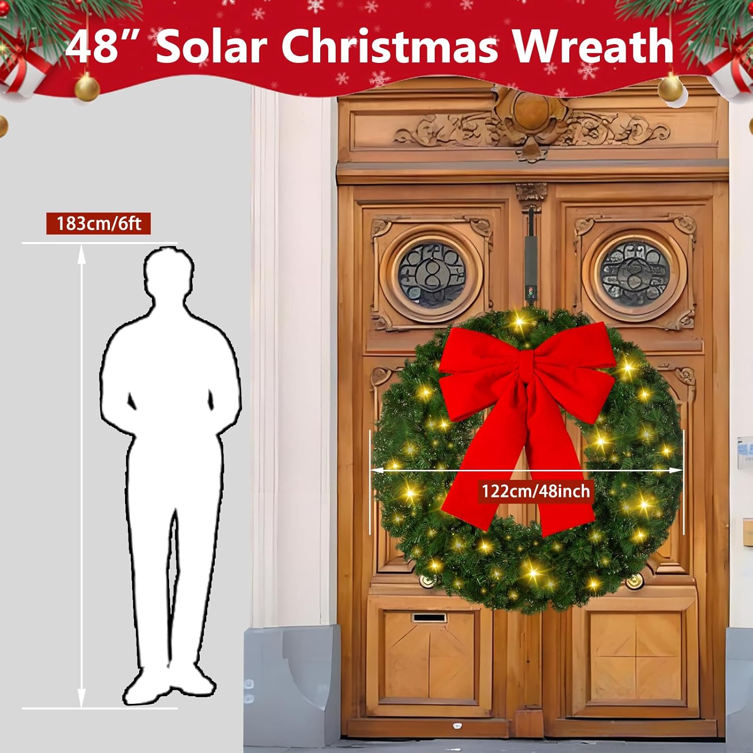 Solar 48Inch Large Christmas Wreath Pre-Lit Solar 150 Led Warm Lights Holiday Artificial Lighted Wreath Outdoor Front Door Window Wall Garage Green Red Velvet Bow Christmas Decor(4802)
