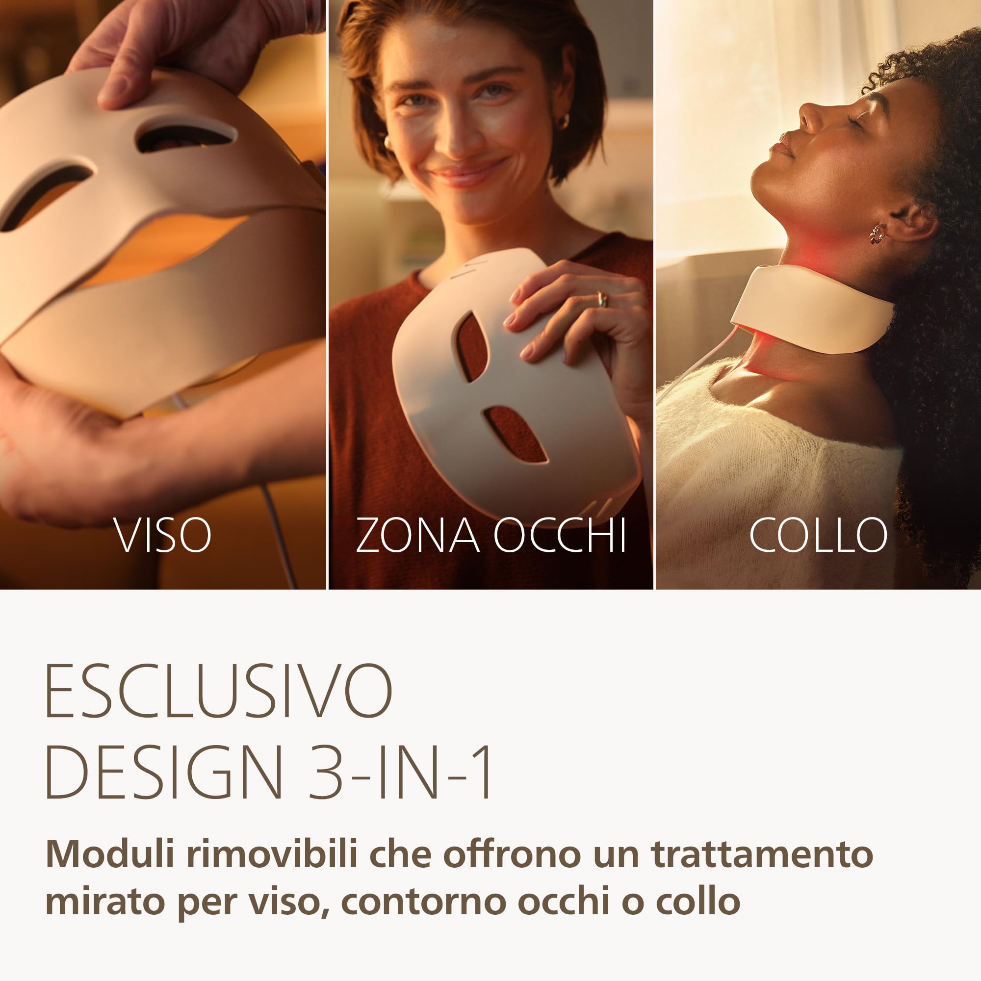 Philips ReAura Maschera facciale a LED - 3 in 1 per viso, contorno occhi e collo, 3 modalità, a luce rossa, blu e vicino infrarosso¹ clinicamente testata, flessibile, routine da 10 minuti, LTM7100/00