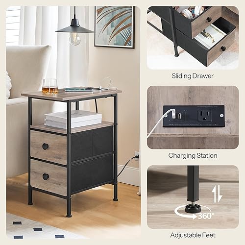 Miniatura 7 de HOOBRO Juego de 2 mesas auxiliares estrechas con luz LED y puerto USB C, mesita de noche con estación de carga, mesa auxiliar delgada con 2 cajones