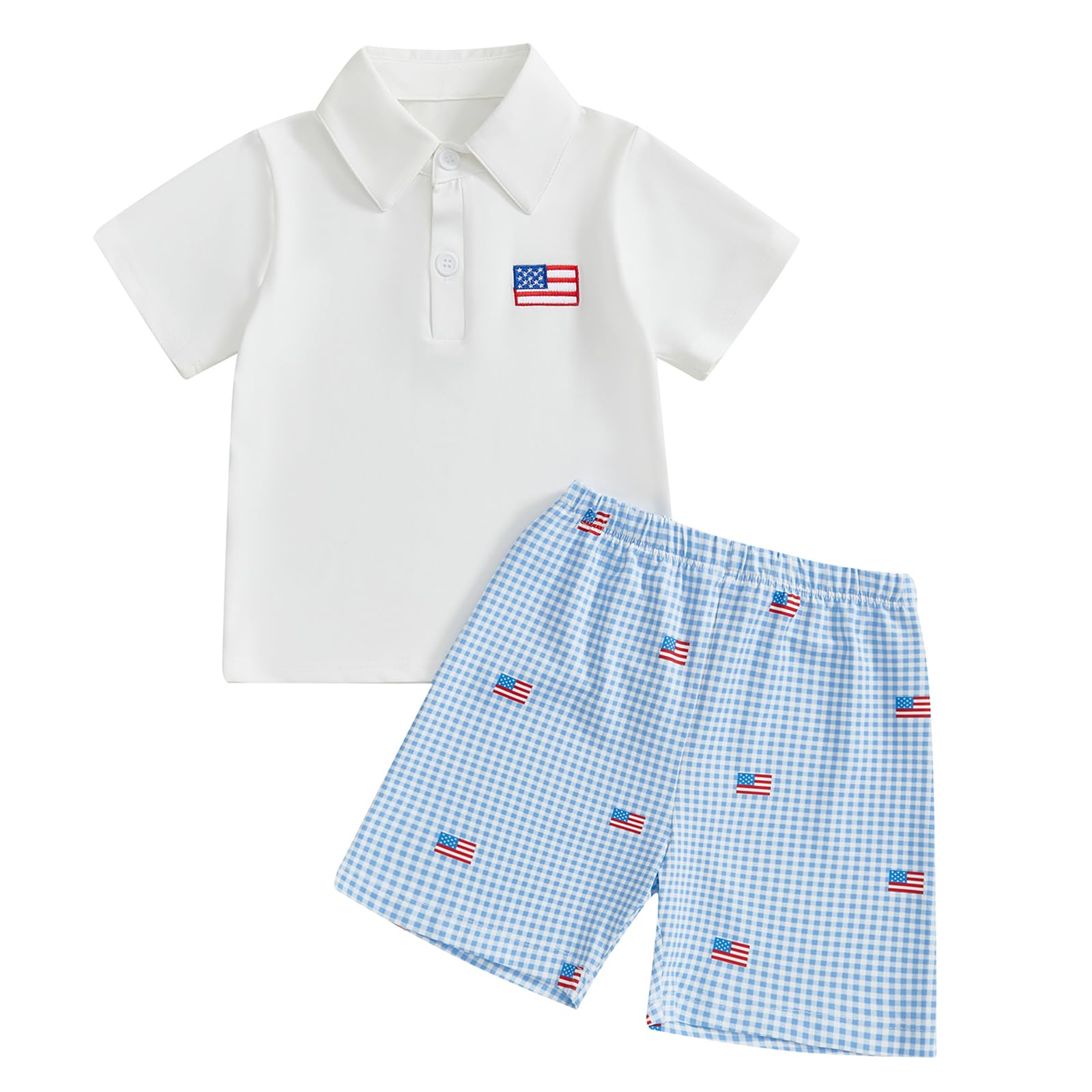 4th of July Baby Boy Outfit Toddler USA Flag Polo Shirts Gingham Plaid/Stripes Shorts Set Independence Day Clothes