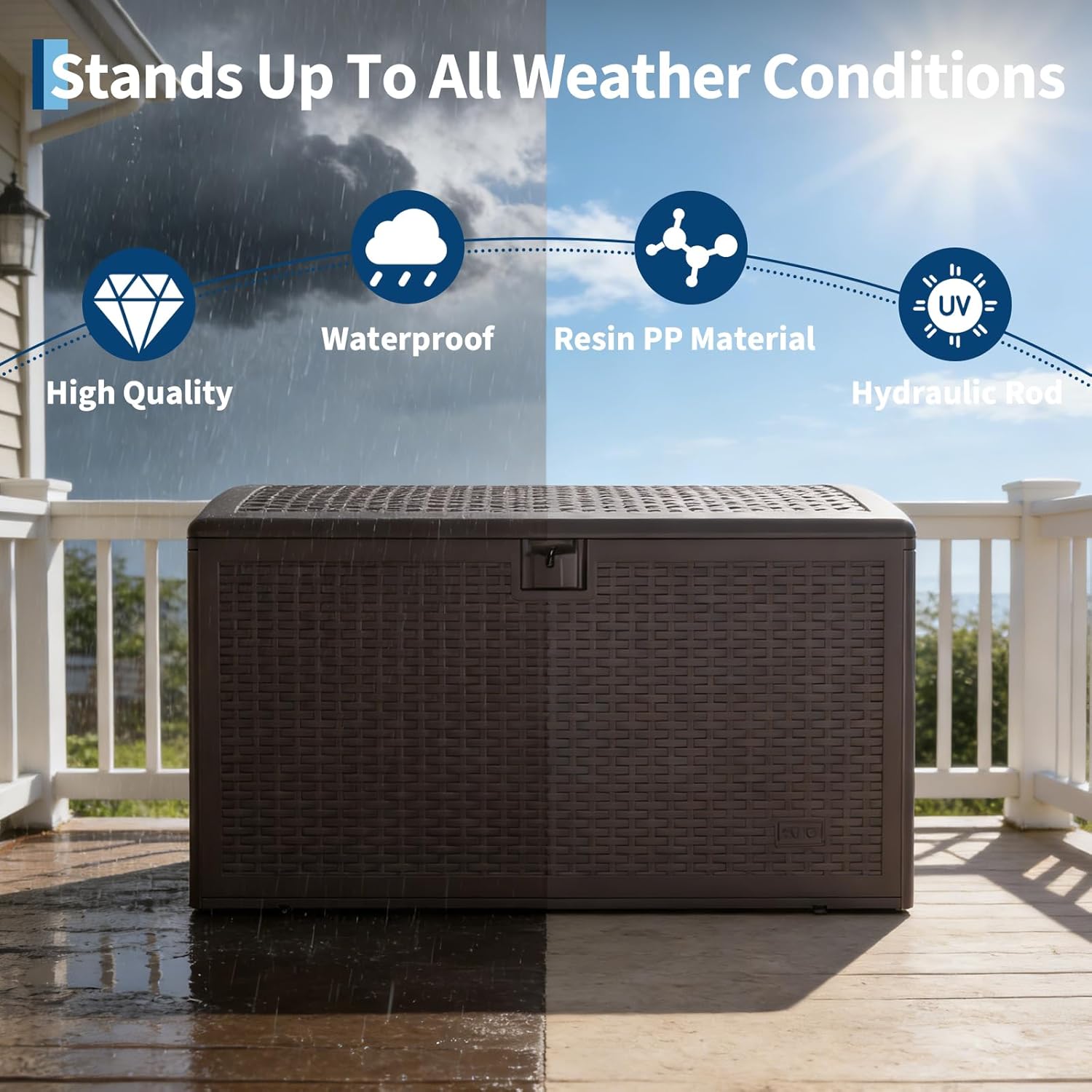 120 Gallon Waterproof Large Outdoor Storage Box, Blow-Molded Deck Box with Gas Rod Lid, Lockable Outside Storage Box Container for Patio Furniure, Outdoor Cushions, Garden Tools and Pool Floats, Brown