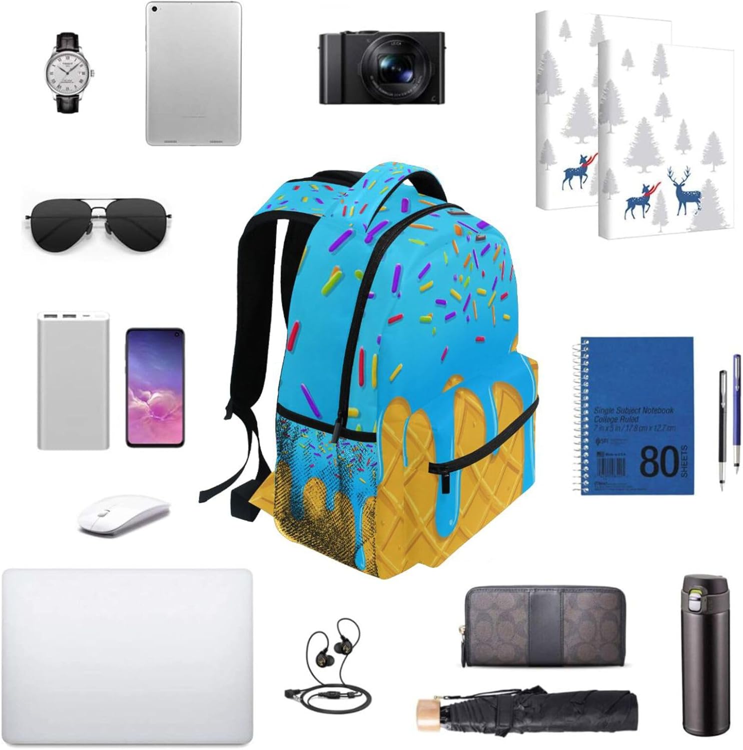 QUGRL Ice Cream Blue Summer Backpack for School Girls Boys Waffle Large Bookbag Laptop Computer Hiking Travel Bag Casual Daypack Elementray Schoolbag for Teens Adult 16 Inch