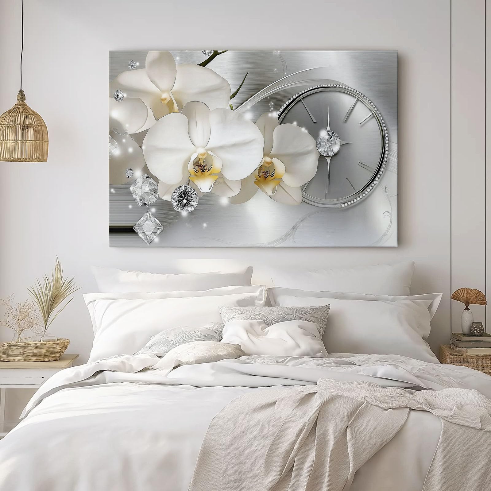 Moderno Elegante Fiori Diamanti Stampe Su Tela Bianco Quadro Moderno Soggiorno Decorazioni Camera Da Letto Bagno Cucina Ufficio Sala Da Pranzo Bar 100 x 70 cm Senza Cornice