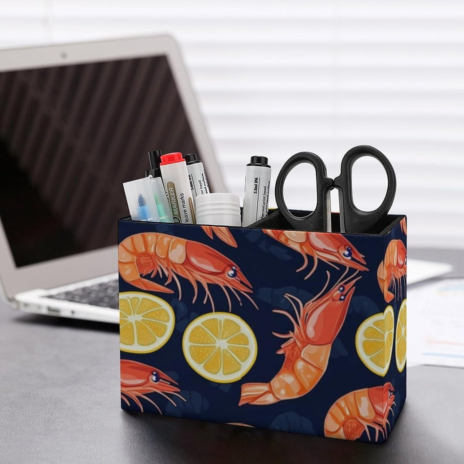 Lobster Print Pencil Pen Holder PU Leather Desk Storage Organizer Makeup Brush Box