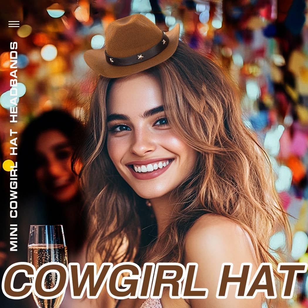 Mini Cowboy Hat Headband Brown Cowgirl Hair Accessory with Silver Star Western Costume Party Favor Halloween Dress Up for Women image 2