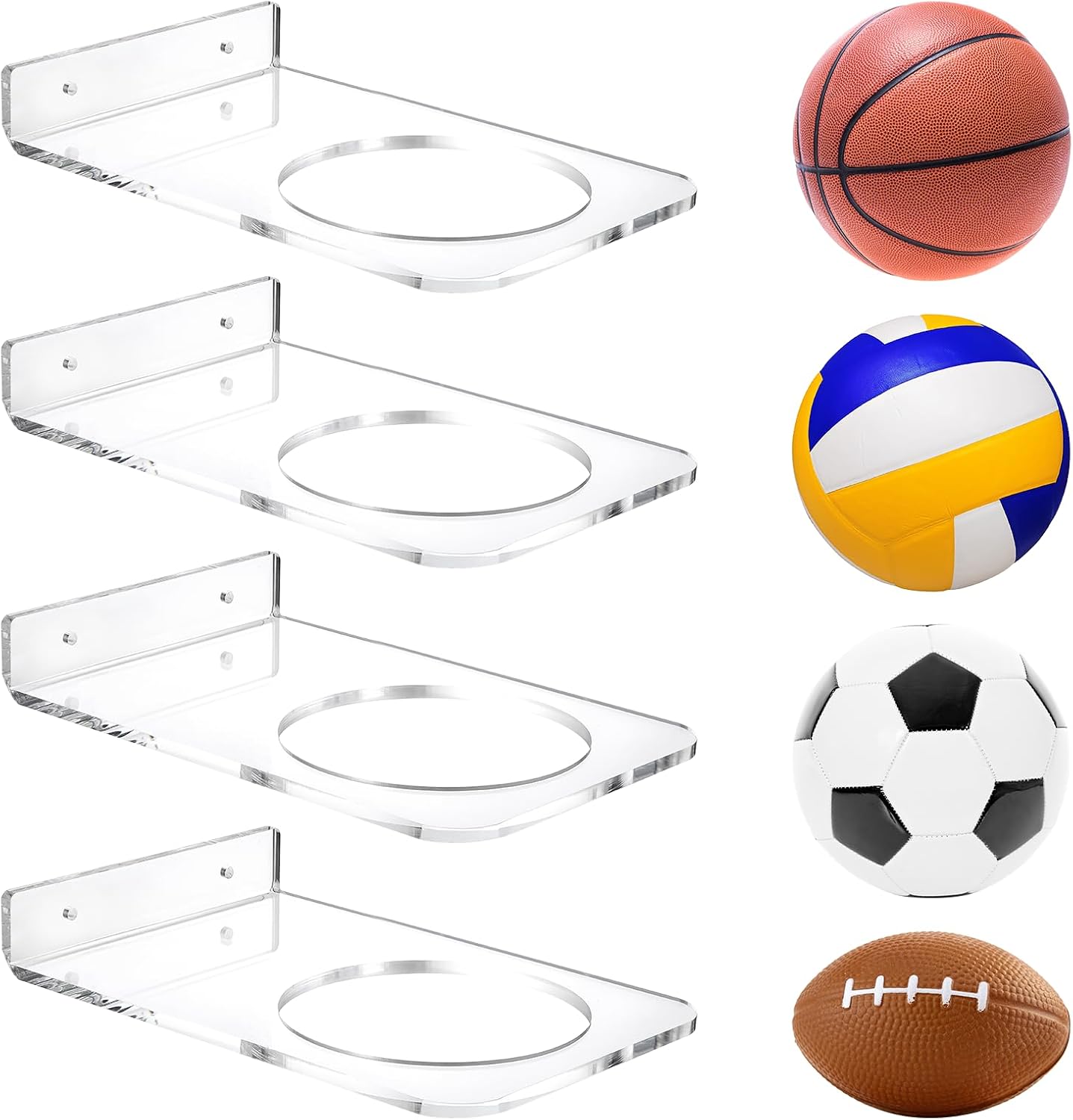4 Pcs Basketball Holder Wall Mount, Acrylic Ball Display Rack Wall Mount Clear Sports Ball Storage Hanger for Football Soccer Volleyball Rugby