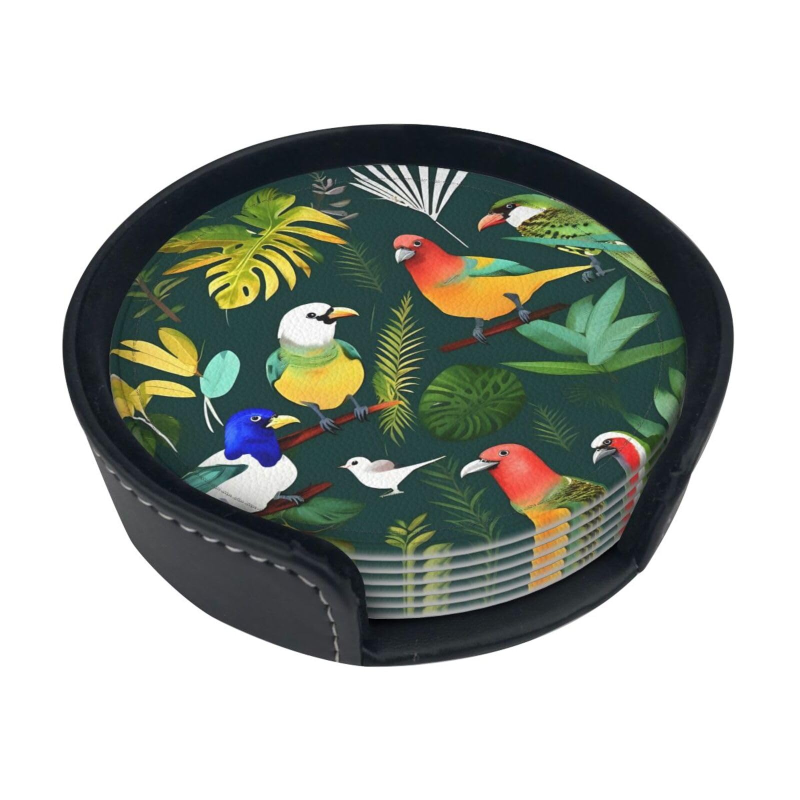 Tropical Birds And Plant Leaf Print Round Coasters Set Of 6,Coaster For Tabletop Protection Home Bar Decor