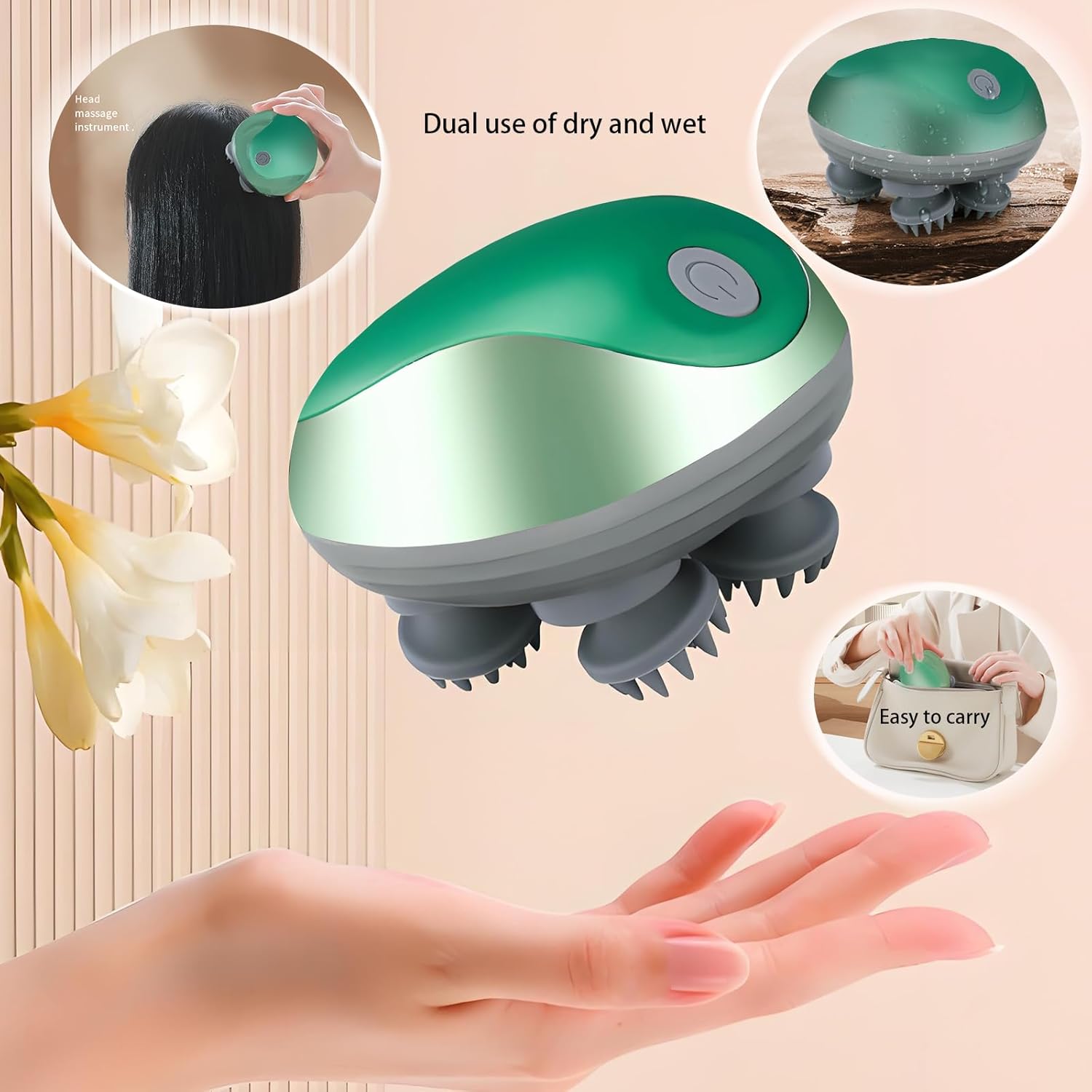 Scalp Massager Electric, Portable Head Massager with 96 Massage Nodes,3 Speed Modes, Rechargeable, Waterproof, Hair Growth, Body Massage, Stress Relax, Gifts for Dad Mom Women, Men, Pets(Green)