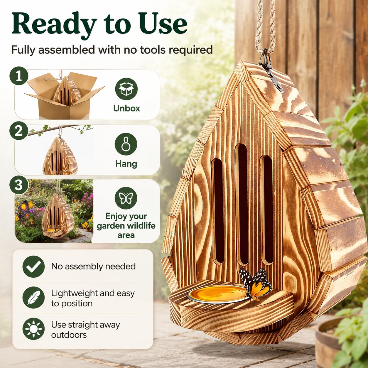 Schmetterlingshaus für den Garten, Holz-Futterstation in Tropfenform, Bienen- und Schmetterlings-Futterstation mit Puddler, wetterfeste Hofdekoration für Käfer, Motten und Florfliegen