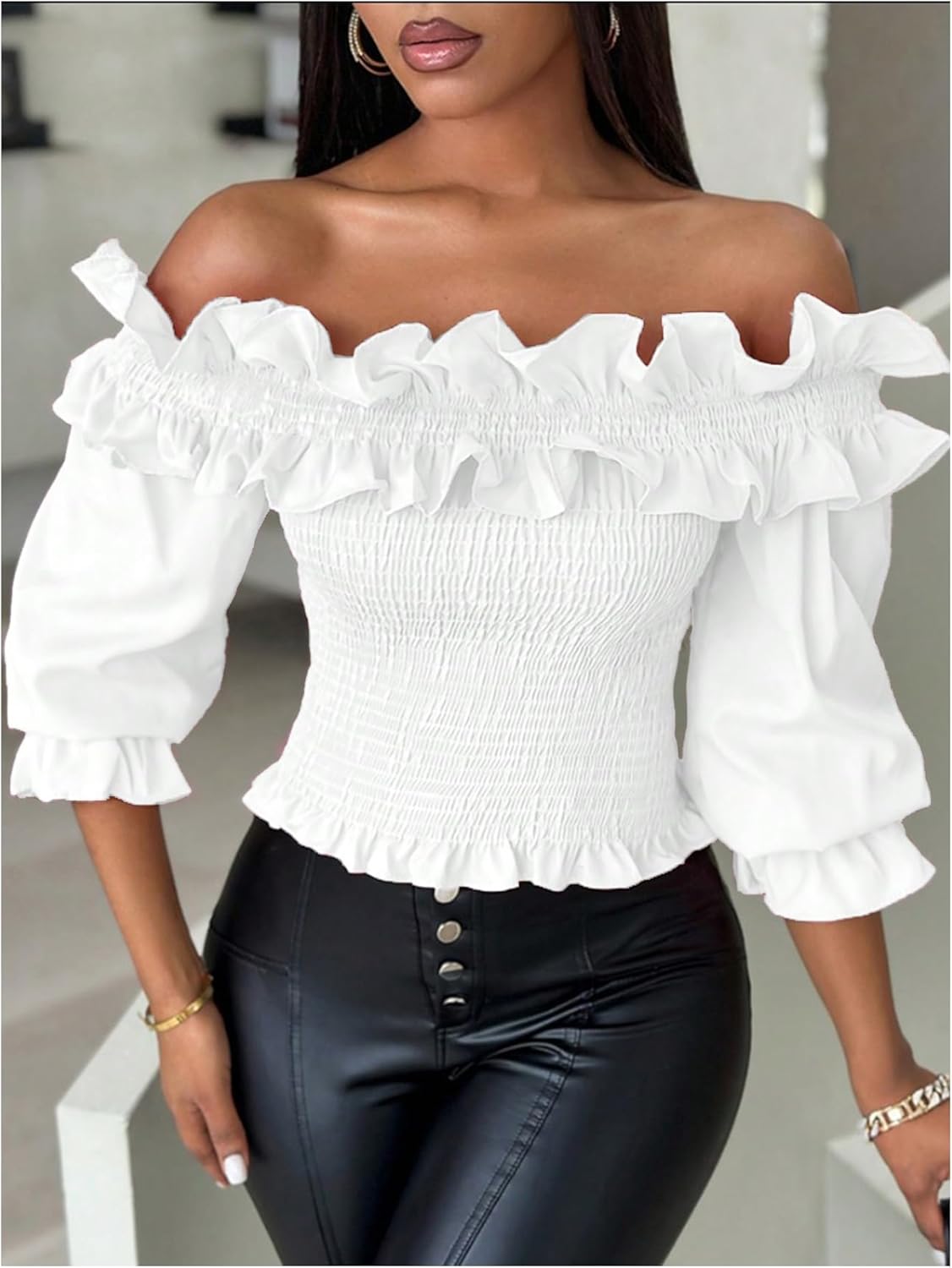 Floerns Women's Ruffle Trim Off Shoulder Flounce Sleeve Shirred Blouse Top - Image 6
