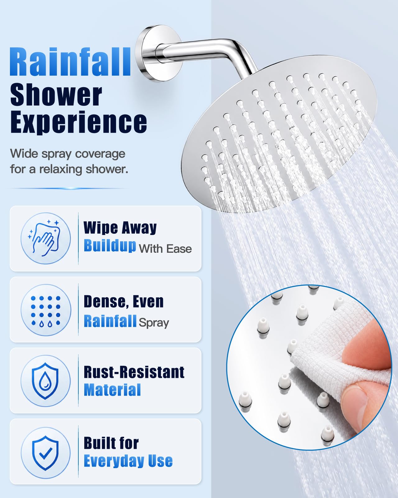 Heyalan Sistema de ducha cromado pulido 8 pulgadas redondo ducha baño grifo de ducha lluvia montaje en pared sola función ducha kit SUS304 acero inoxidable con válvula áspera 1 mango