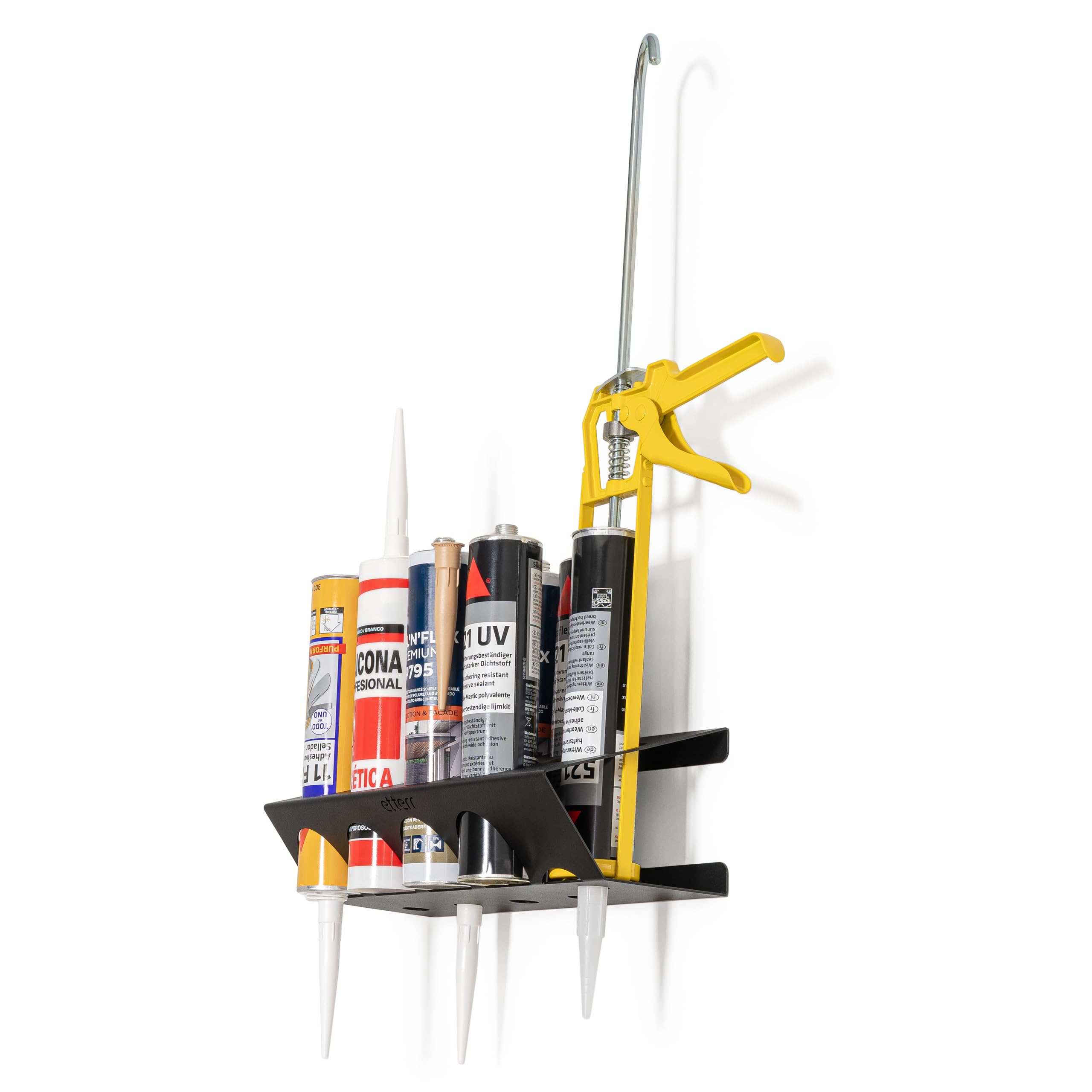 Supporto a Parete per Cartucce di Silicone e Pistola | 8 Vani + 1 Pistola | 100% Acciaio Rinforzato | Organizzatore Mensola Scaffale per Officina, Garage, Furgone | Fabbricato in Europa |