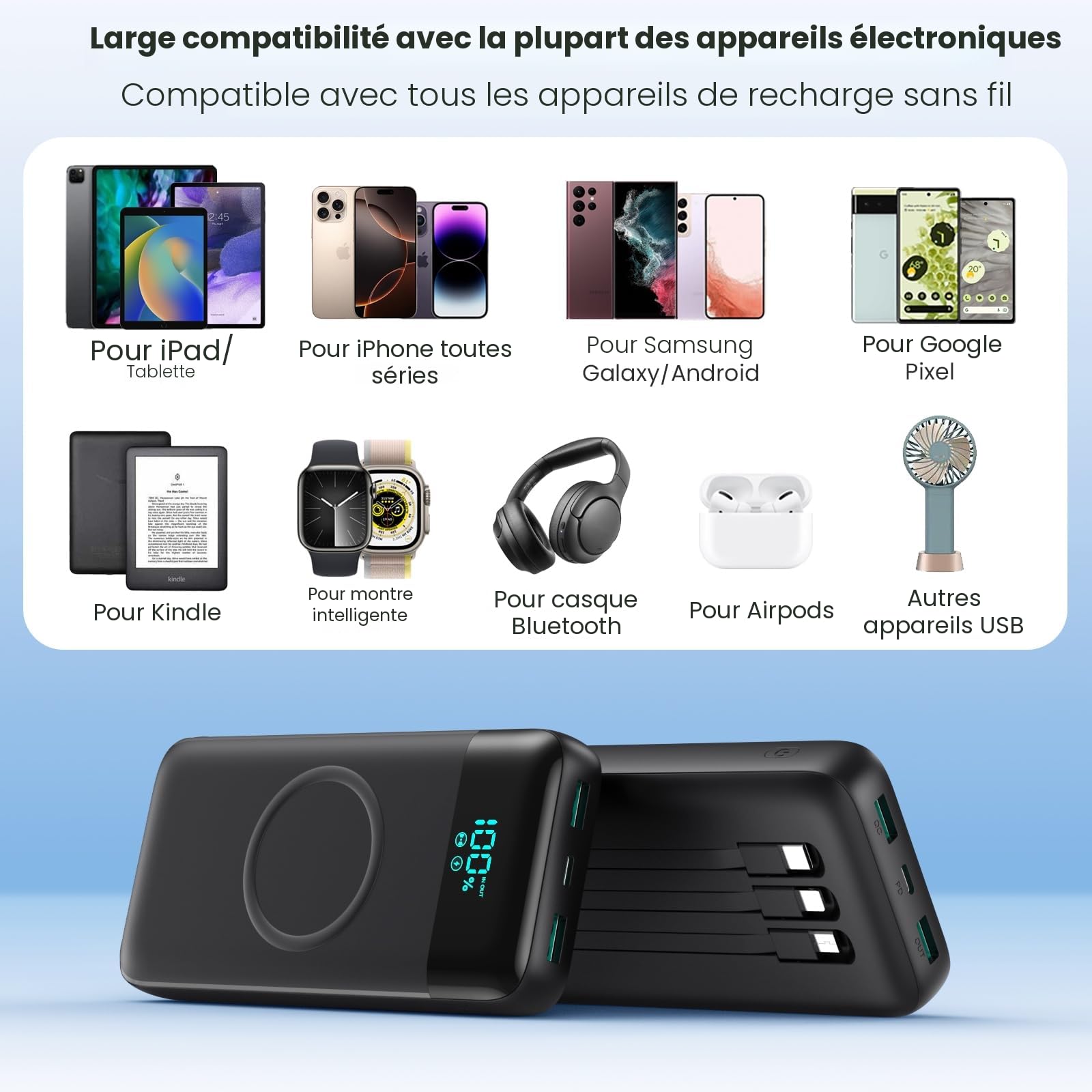 Batterie Externe sans Fil 26800mAh, 7 en 1 Powerbank Fast Charging avec 3 Ports et 3 câbles, 25W PD3.0+QC4.0 Chargeur Externe Portable avec écran LCD Compatible avec iPhone Huawei Samsung Xiaomi