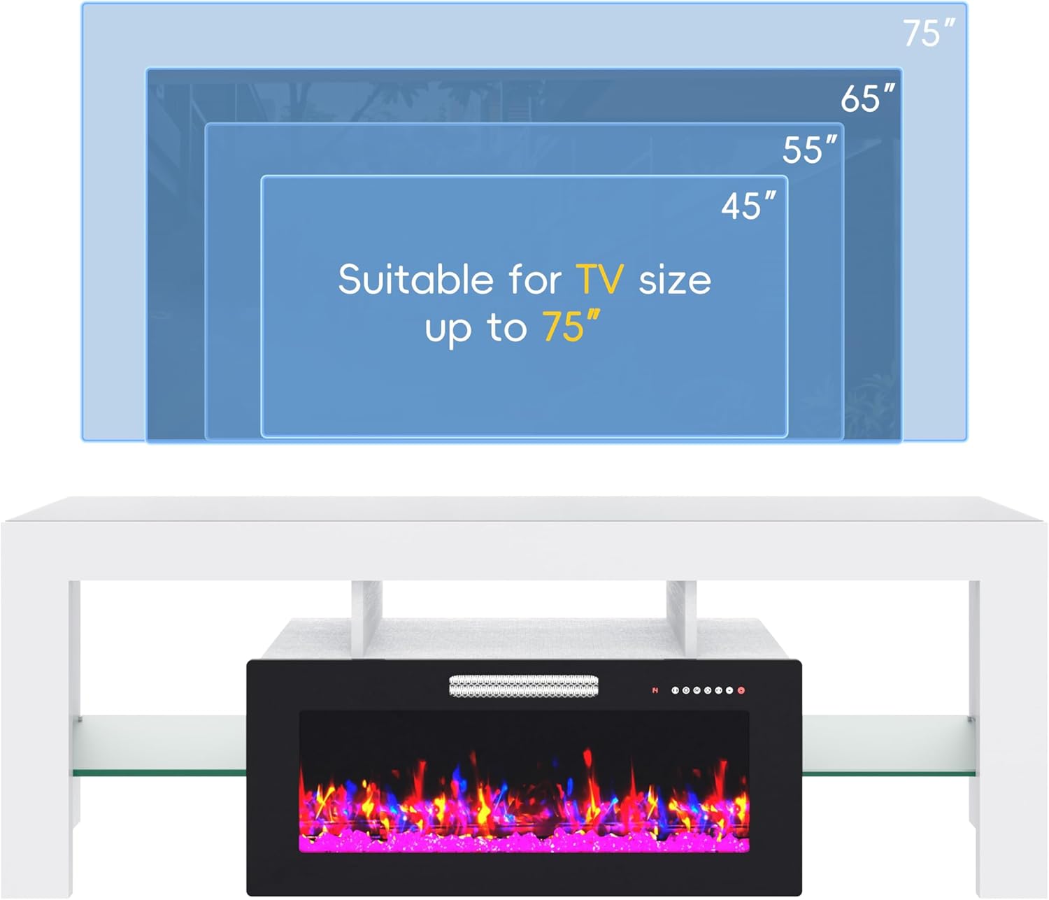 TOLEAD 70" Fireplace TV Stand for TVs Up to 80", High Gloss Entertainment Center with 36" Electric Fireplace Heater, 7 Color LED Strip and Adjustable Glass Shelves for Living Room (White)