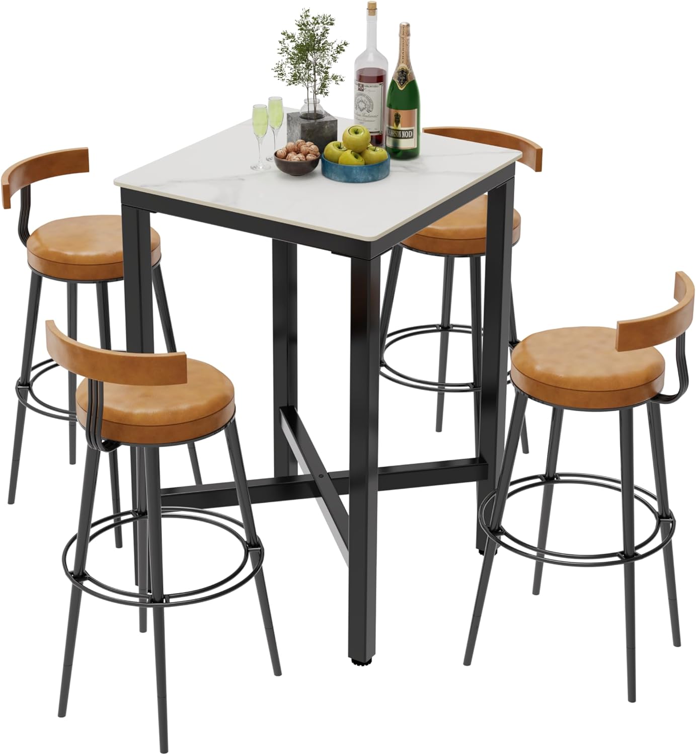 Wisfor Sintered Stone Bar Table: White Square High Top Pub Tables with Black Metal Frame - Small Breakfast Dining Table - Tall Coffee Table with Cross -Legs, 27.56x27.56x41.34 inch