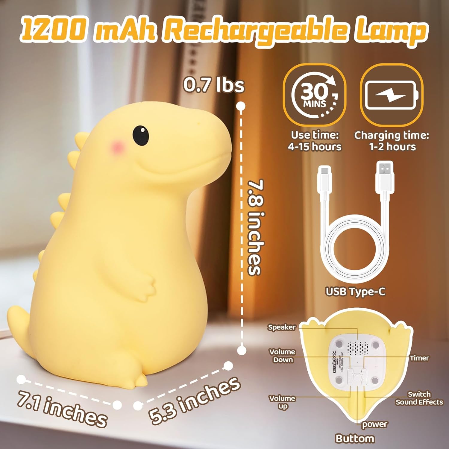 Diagram showing the dimensions of the dinosaur night light (7.1, 5.3, 7.8 inches) and the layout of buttons on its base: Speaker, Volume Down, Volume Up, Power, Switch Sound Effects, and Timer.
