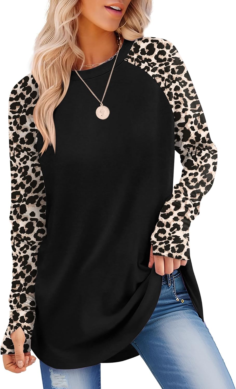 VVK Womens Long Sleeve Shirts Crew Neck Tunic Tops to Wear with Leggings Casual Loose Fit Thumb Hole T-Shirts