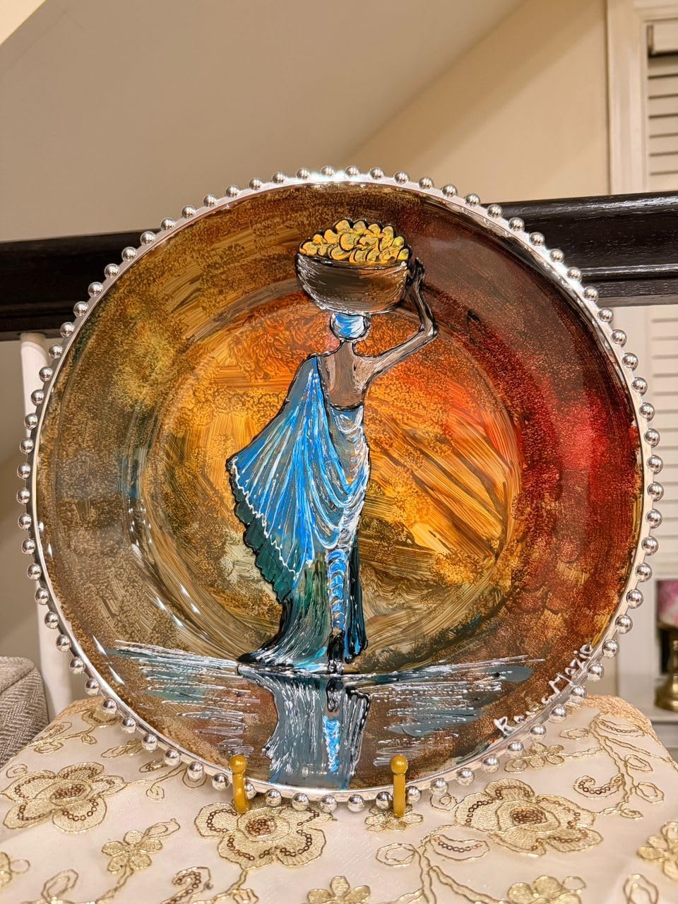 Hand Painted Decorative Glass Plate – Grace of The Harvest - African Lady in Blue Dress | Original One-of-a-Kind Artwork by Rowa Mazid | Elegant Home Decor Accent Living Room Gift Kitchen