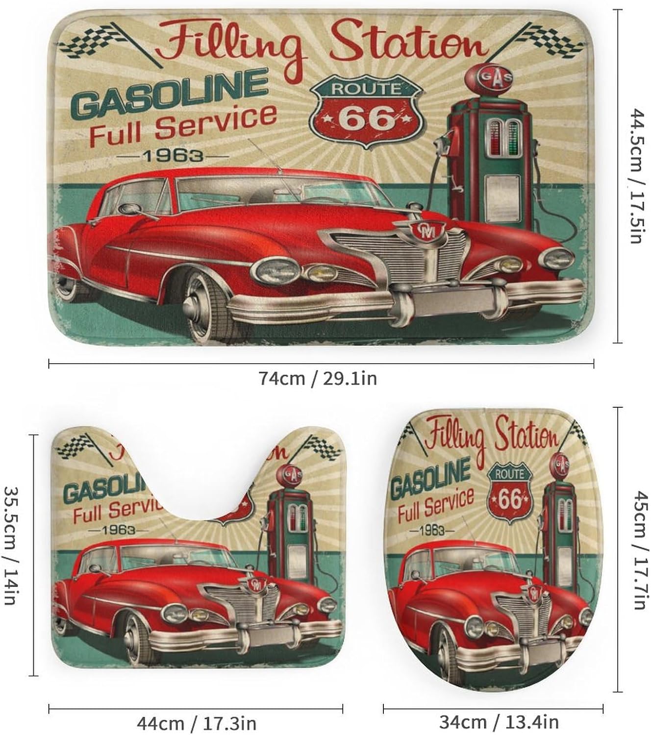 Retro Route 66 Old Classic Car 4 Piece Shower Curtain Sets,Rustic Wild West Country Gas Station Theme Antique Car Non-Slip Rugs,Toilet Lid Cover and Bath Mat,Durable and Waterproof,for Bathroom Decor