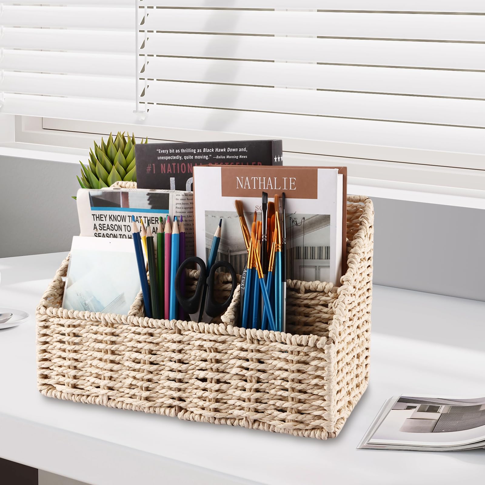 DAJAVE Lot de 2 organisateurs de bureau tissés naturels pour stylos et notes, 31,5 x 15,5 x 20 cm, organisateurs de bureau