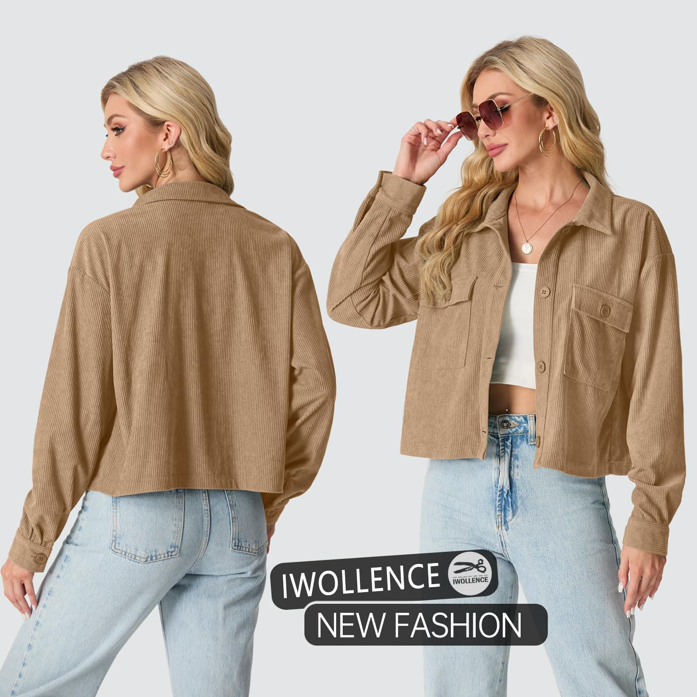 IWOLLENCE Giacca da donna casual da donna in velluto a coste giacca camicia UK risvolto abbottonatura maniche lunghe con tasche