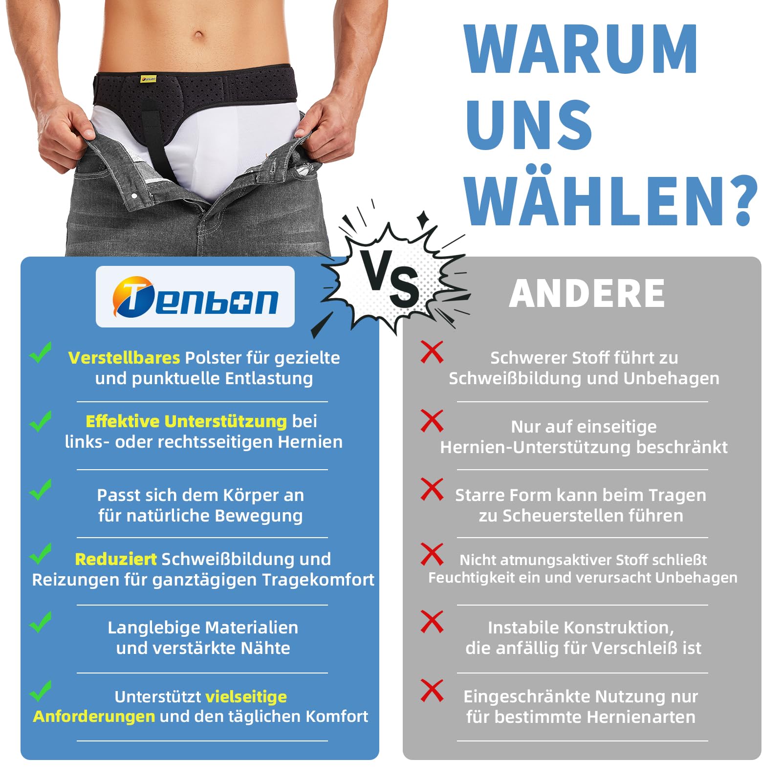 Tenbon Herniengürtel für Männer, Leistenhernien-Unterstützung, medizinischer Hernienschutz, Leistenbandage für einzelne Sporthernien, verstellbarer Hüftgurt mit abnehmbaren (Black, L)