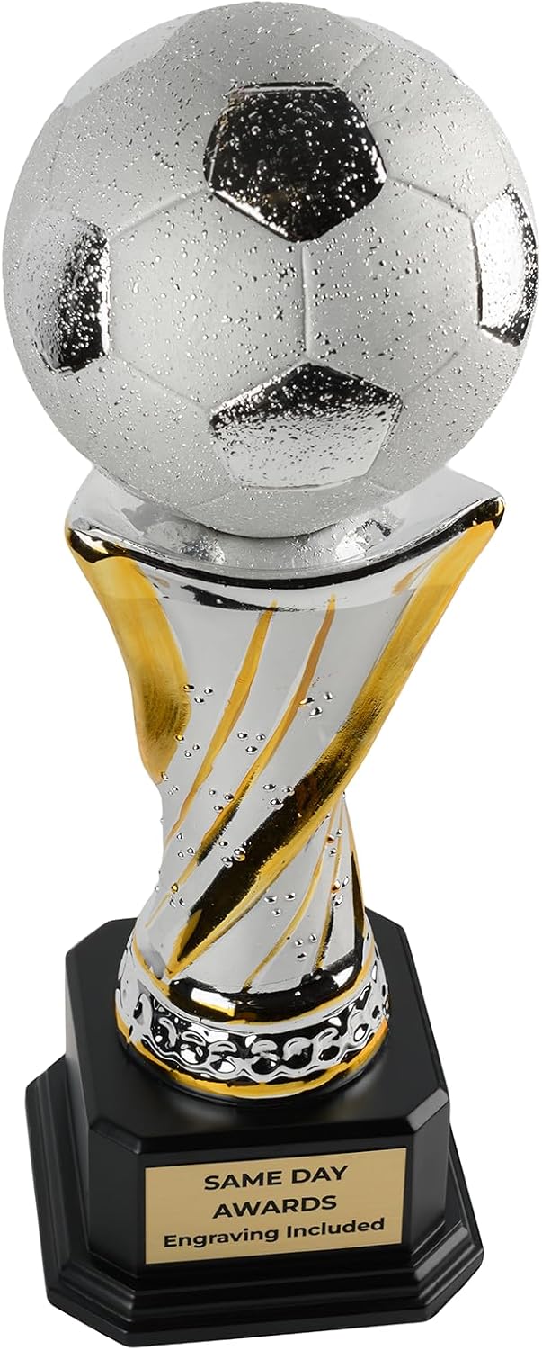 Premium Ceramic Soccer Trophy – Custom Engraved Silver and Gold Award for Players Coaches Teams Leagues Tournaments Youth & Adult Soccer Recognition