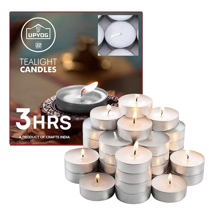 UPYOG Diwali Tea Light Candles 50 Pcs | 3 Hours Burning | Smokeless & Unscented Wax Tealight Candles for Diwali Decoration, Pooja, Home & Festival Décor