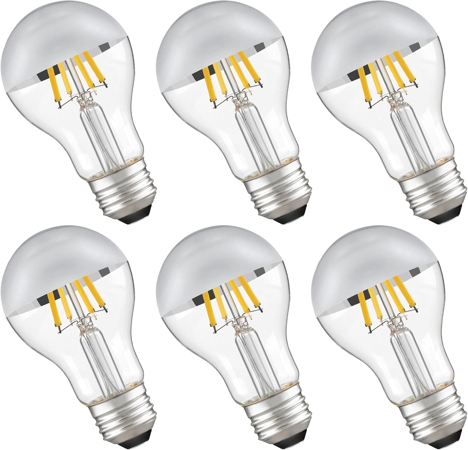 Half Chrome Light Bulb,Dimmable A19/A60 Chrome Tip LED Light Bulbs Silver Top 6W(60W Equivalent),Dipped Light Bulbs with Silver Bottom for Bathroom,Vanity,Mirror,2700K Warm White 600LM,Pack of 6