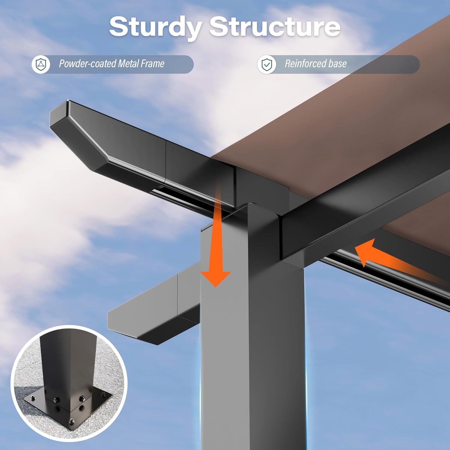 Close-up of the pergola's sturdy powder-coated metal frame and reinforced base.