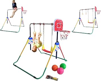 4-in-1 Kid Climb & Deluxe Swing Set Playground with Horizontal Bar, Trapeze Rings, Monkey Bars, Basketball Net Hoop & 3 Balls, Expandable & Foldable