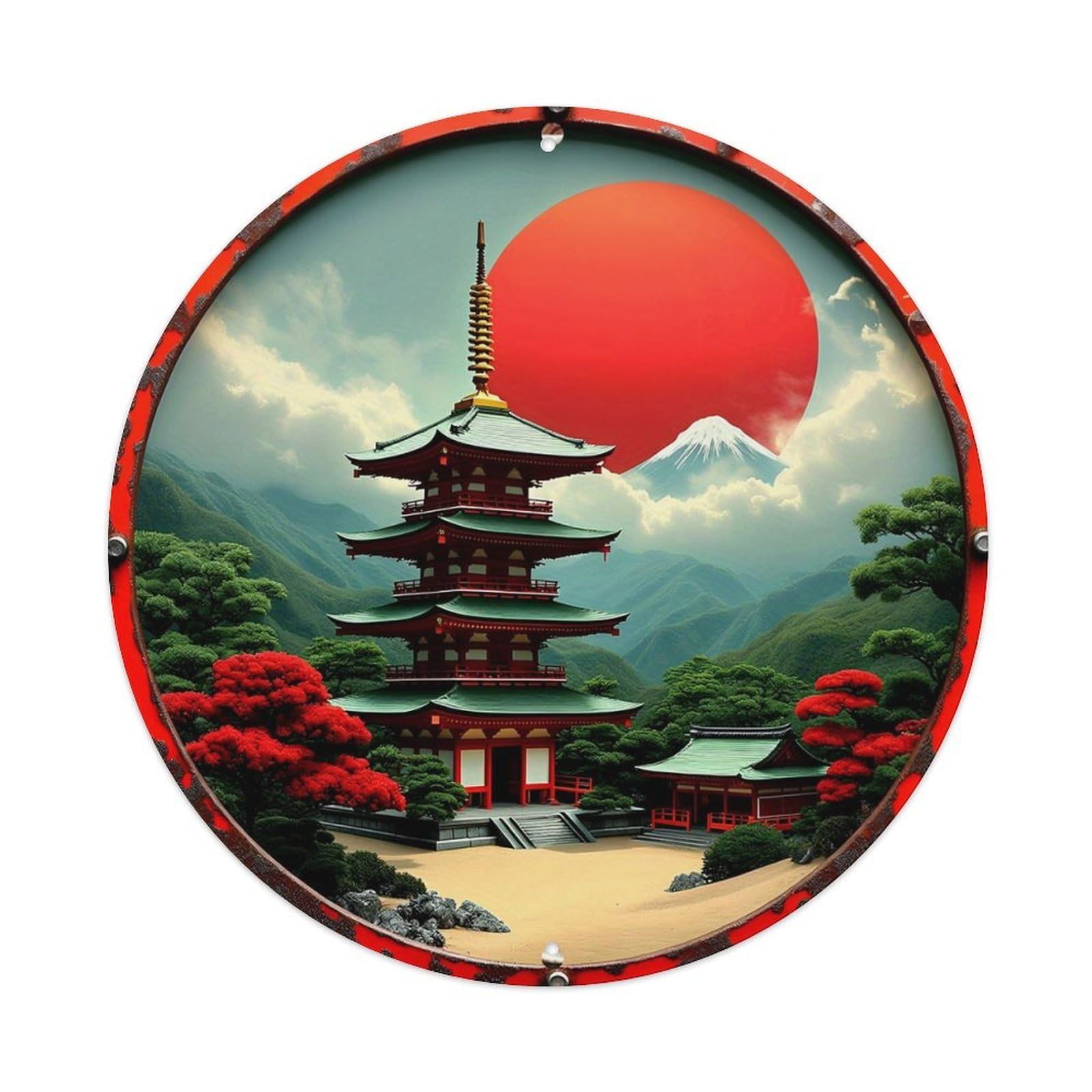 Jdyaojiesheng Vintage Japanese Pagoda Mountain Sunset Red Round Tin Sign Retro Metal Wall Decor Metal Poster, Home Bar Garage Farmhouse Cafe Wall Art Decoration 8X8inch