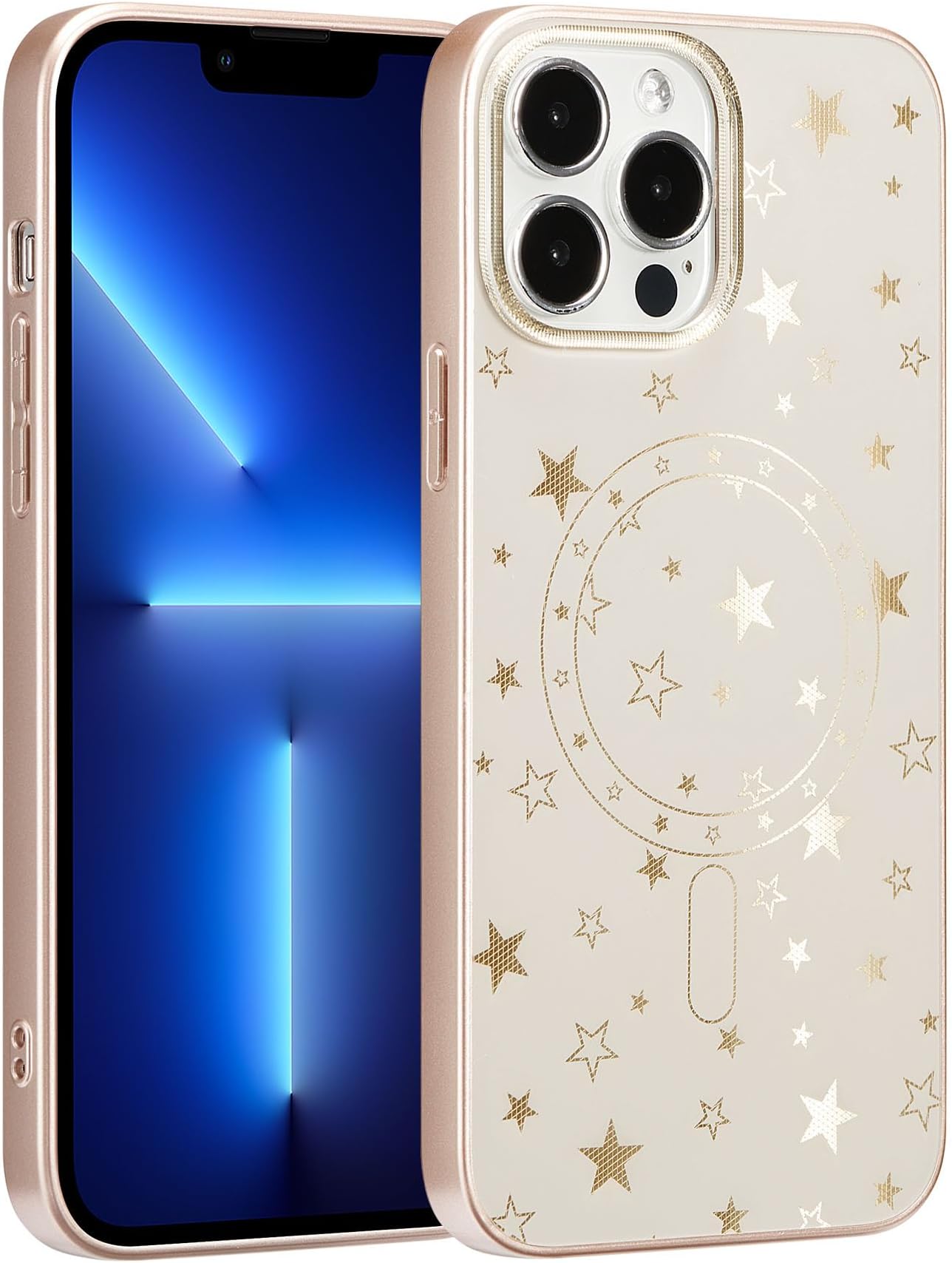 ZCDAYEMagnetic Case for iPhone 13 Pro Max, Sparkle Star Pattern Phone Case Compatible with Wirless Charging,Slim Hard PC Bumper Shockproof Cover for Women Girly, Gold