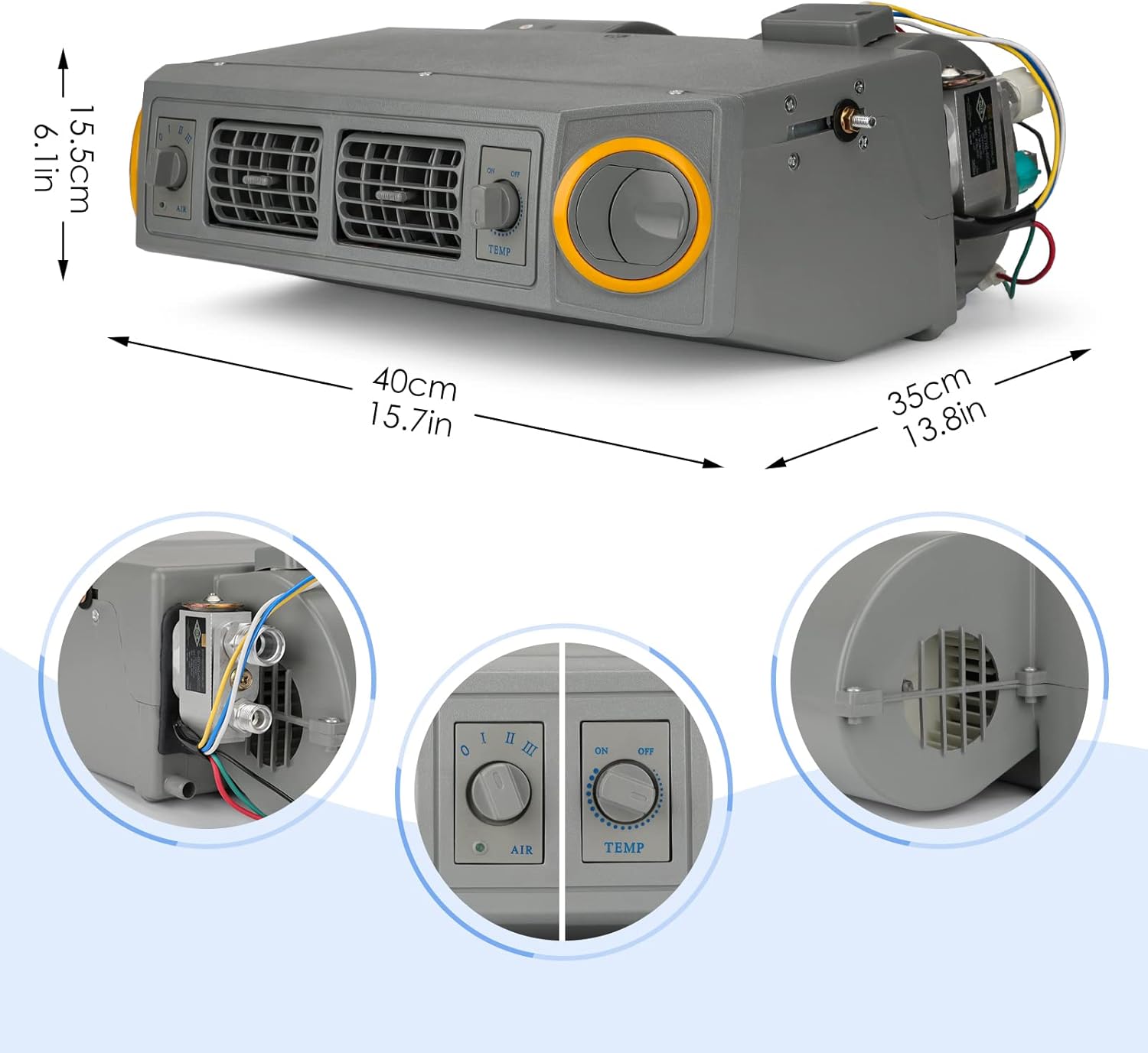 Dimensions of the NEKPOKKA 12V Electric Car Air Conditioning Unit compressor and control panel