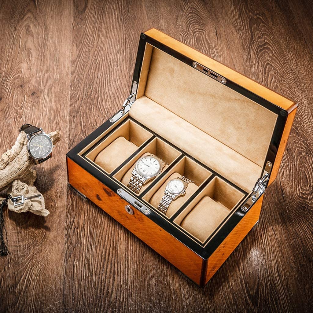 Uhrenbox, 4 Fächer, Massivholz, Uhrenbox, professioneller Halter, Organizer für Uhren, Schmuck, Uhrengehäuse, Vitrine, Uhrengehäuse (D 25 x 14 x 10,2 cm)