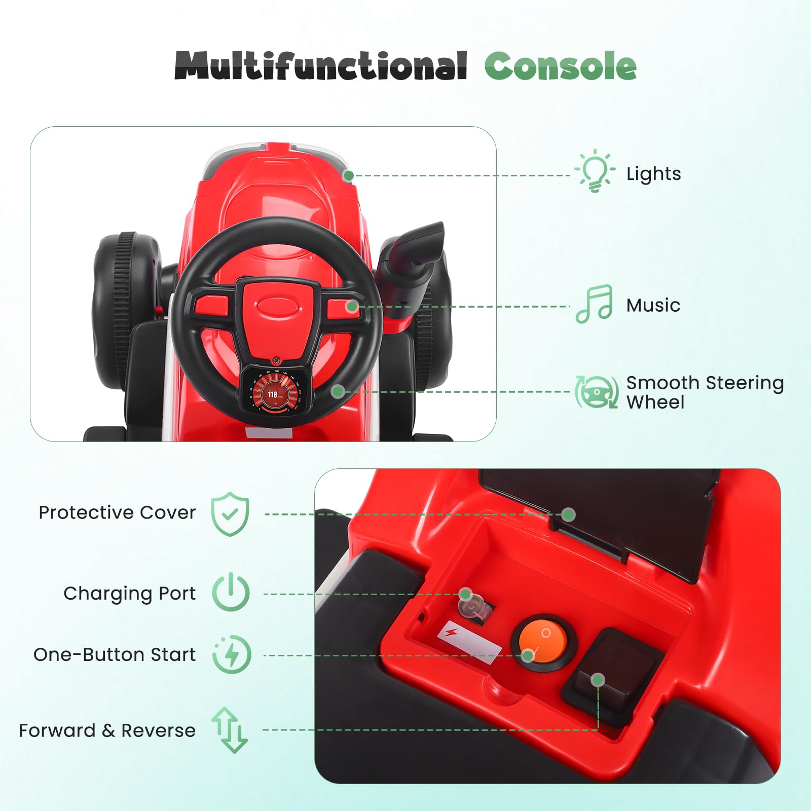 Trattore Elettrico per Bambini con Rimorchio, Telecomando, Luci LED, Musica, Capacità di Carico Fino a 30 Kg, Adatto per Bambini da 3 Anni (Rosso)