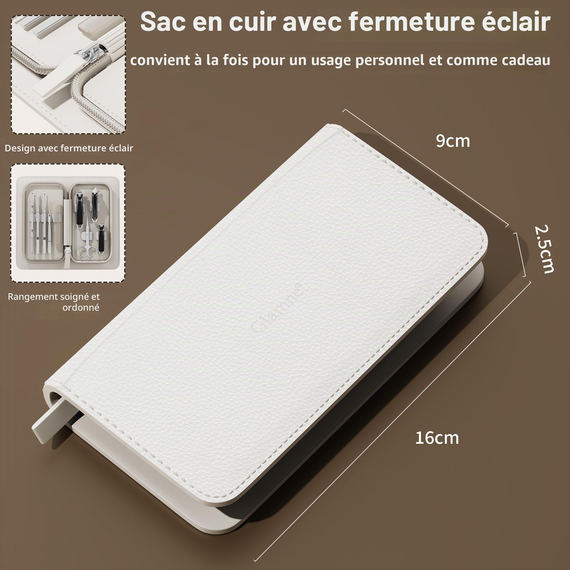 Ensemble coupe-ongles Pince à épiler Ciseaux Manucure Kit de toilettage 9 en 1 avec étui en cuir à fermeture éclair
