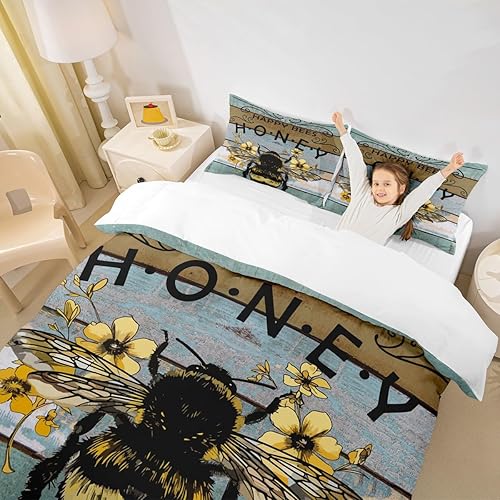 Miniatura 5 de Juego de ropa de cama de abeja amarilla para niñas y niños, funda de edredón con textura de madera de abeja tamaño Queen, funda de edredón de abeja