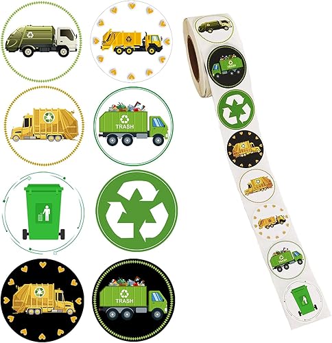 Oringaga 500 decoraciones de camión de basura para fiestas, rollo de reciclaje, calcomanías temáticas de camiones de basura, cumpleaños, baby