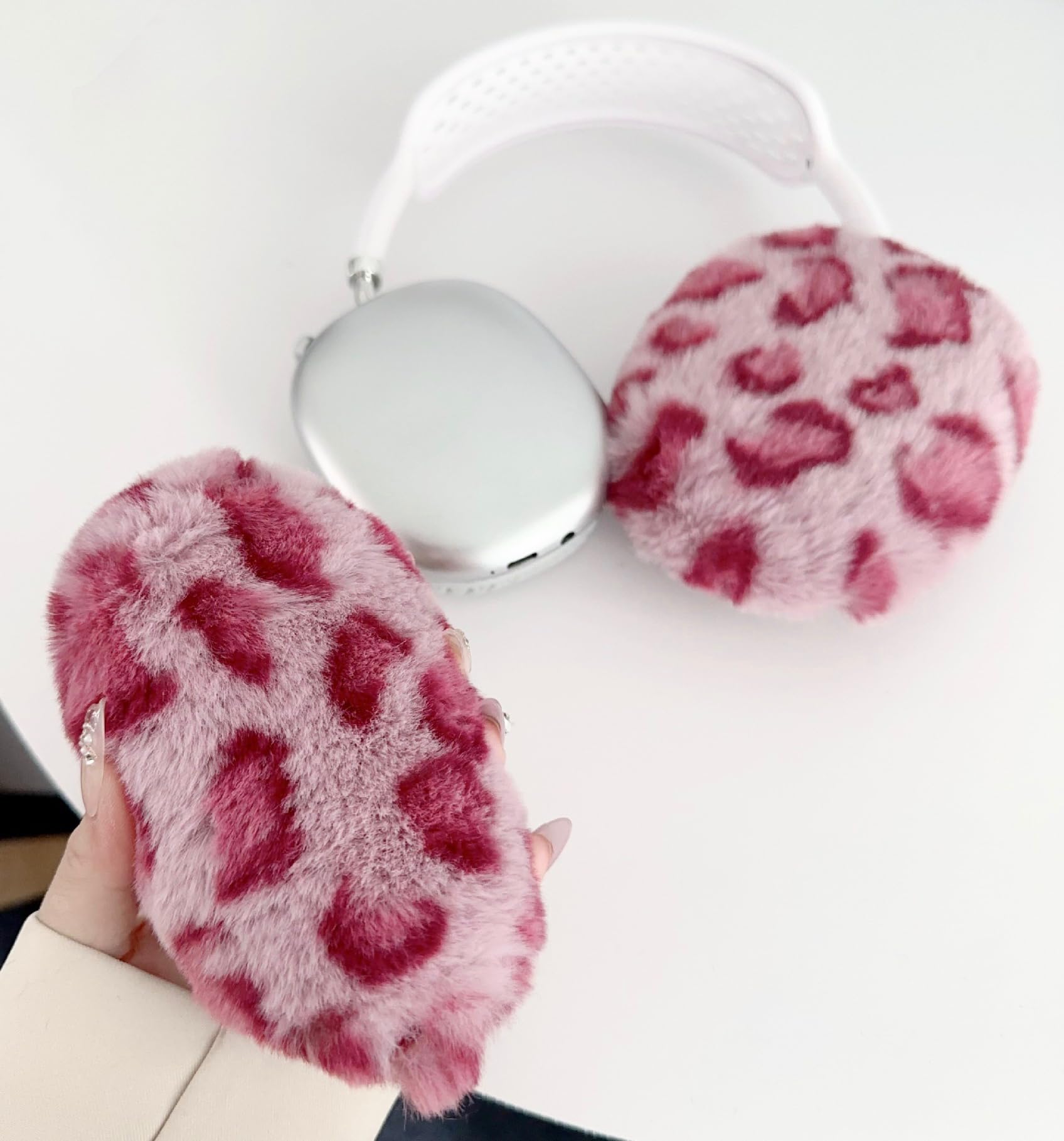 MVKZFE Fluffy Plush Case for AirPods Max Headphones, Cute Furry Fur Ear Cups Skin Soft Slicone Protective Cover for AirPods Max(Pink Leopard)