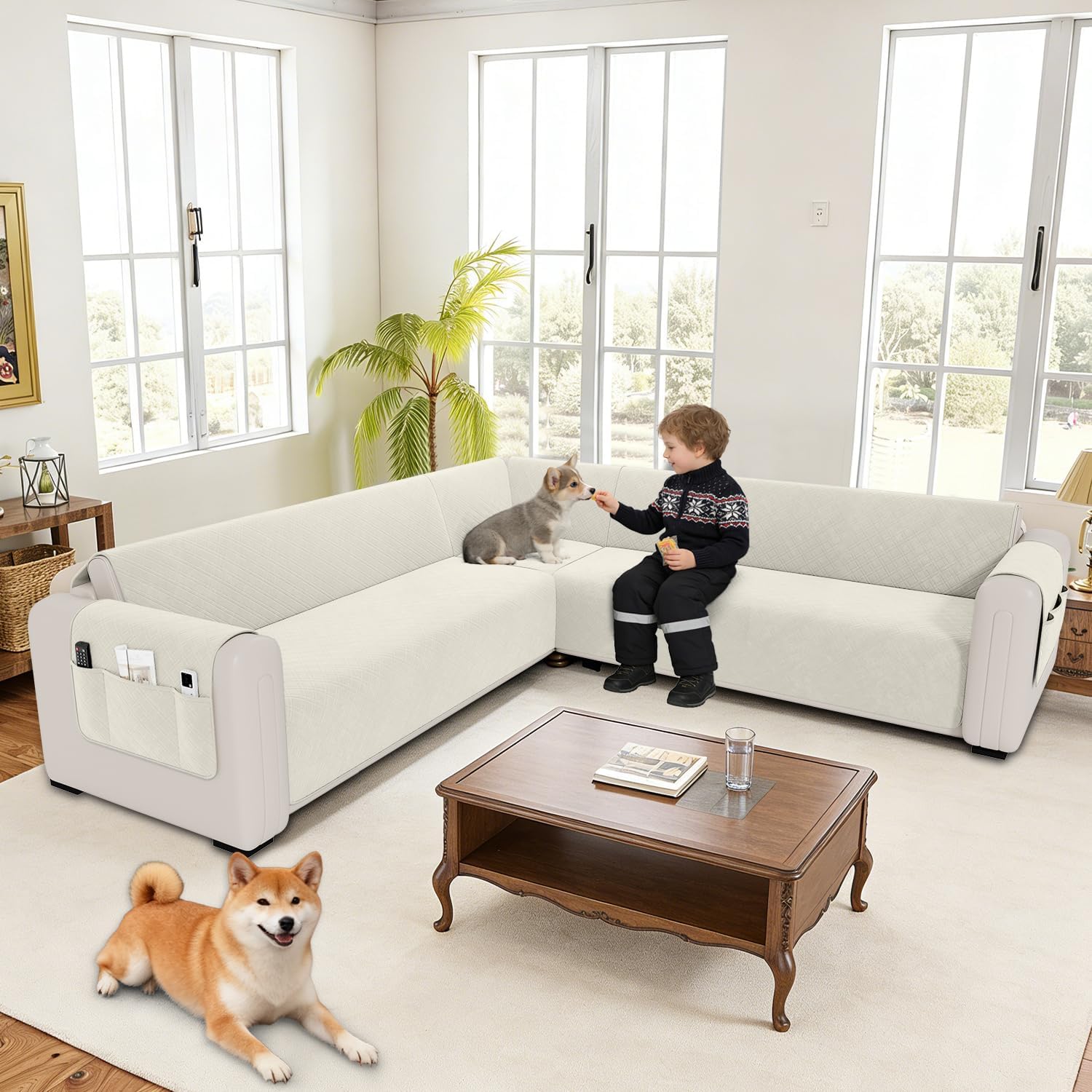 Waterproof L Shaped Couch Cover for Sectional Sofa Velvet Quilted Corner Sofa Cover L Shape Furniture Protector Slipcover Set with Non Slip Straps for Pets Dogs Kids (XX-Large, Ivory)