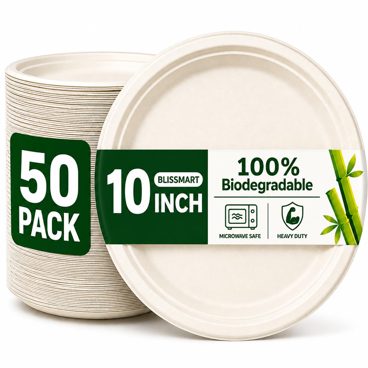 BLISSMART 10 Inch Disposable Paper Plates 50 Pack Heavy Duty Bagasse Plates Compostable Sugarcane Eco Friendly Large Plates for Parties BBQs Picnics Catering (50 Pack)