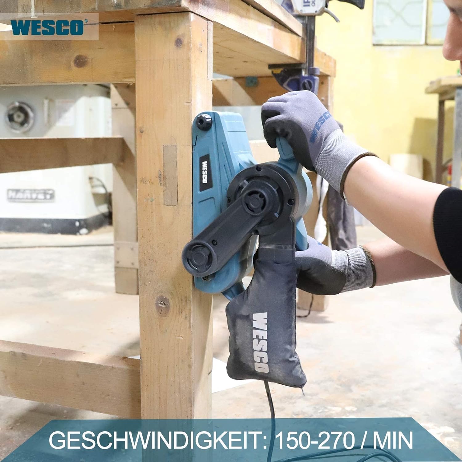 Wesco WS4366 Belt Sander in operation, showing speed range