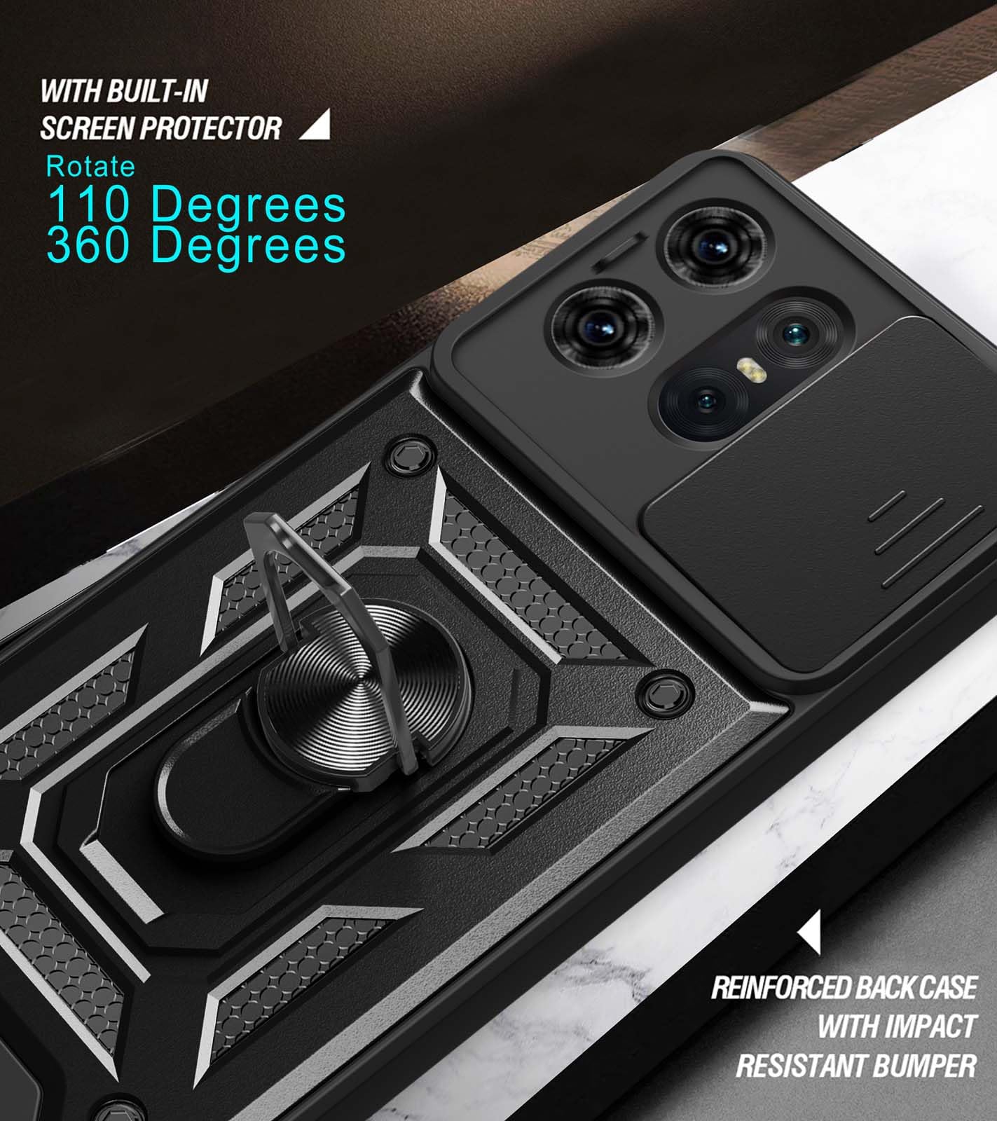 Custodia Motorola Edge 50 Pro 5G – Cover Antiurto Blu Con Anello 360° E Copriobiettivo Scorrevole