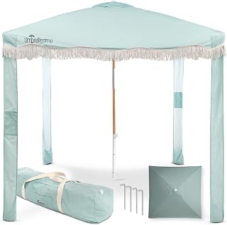 Premium Beach Cabana - Umbrellissimo Sage. Includes Sand Anchor, Designer Canvas Prints & Fringe finishes, Sand Pockets, pegs, Matching Carry Bag. Easy Set up 6.6'x6.6' of Cool UPF 50+ Shade
